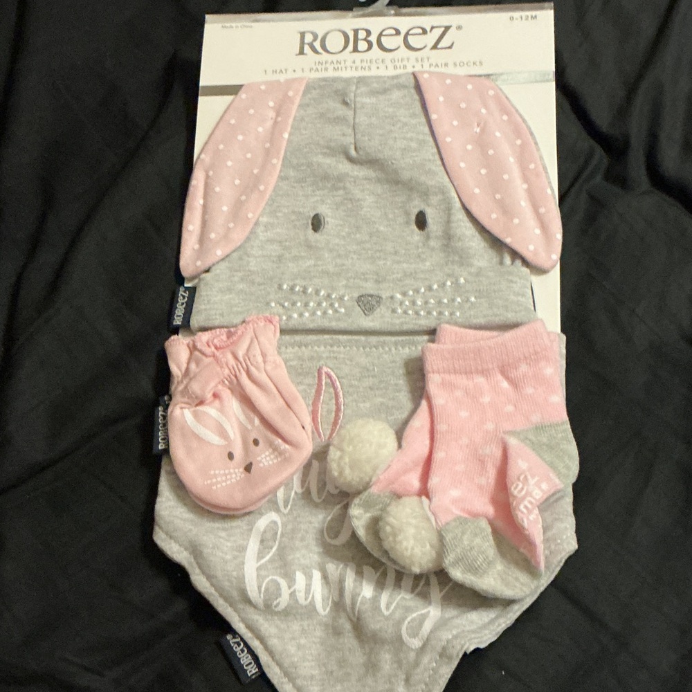Robeez Pink and Gray Bunny 4-Piece Baby Accessory Set